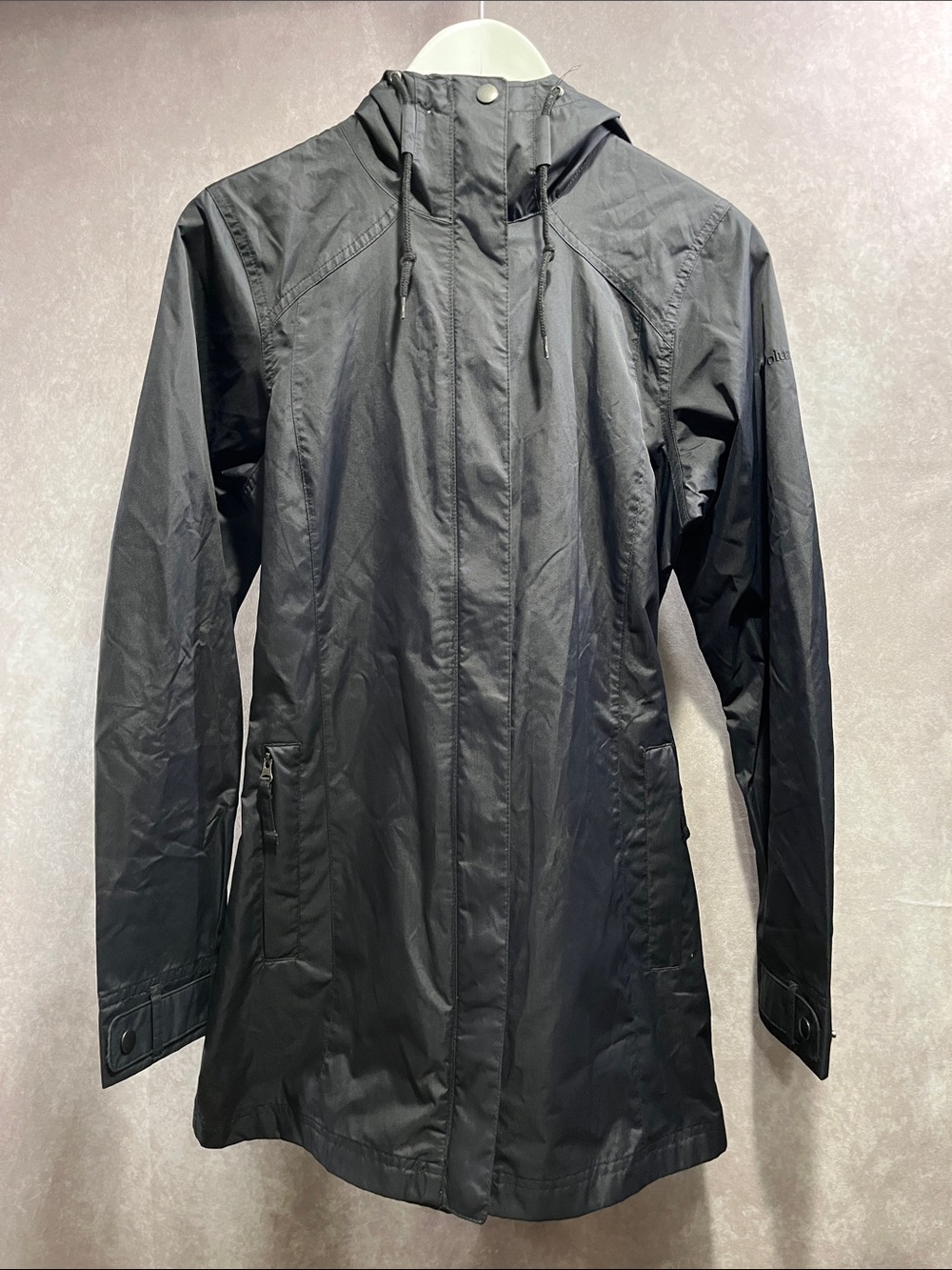 Columbia Black Hooded Rain Trench Jacket with waist belt size small